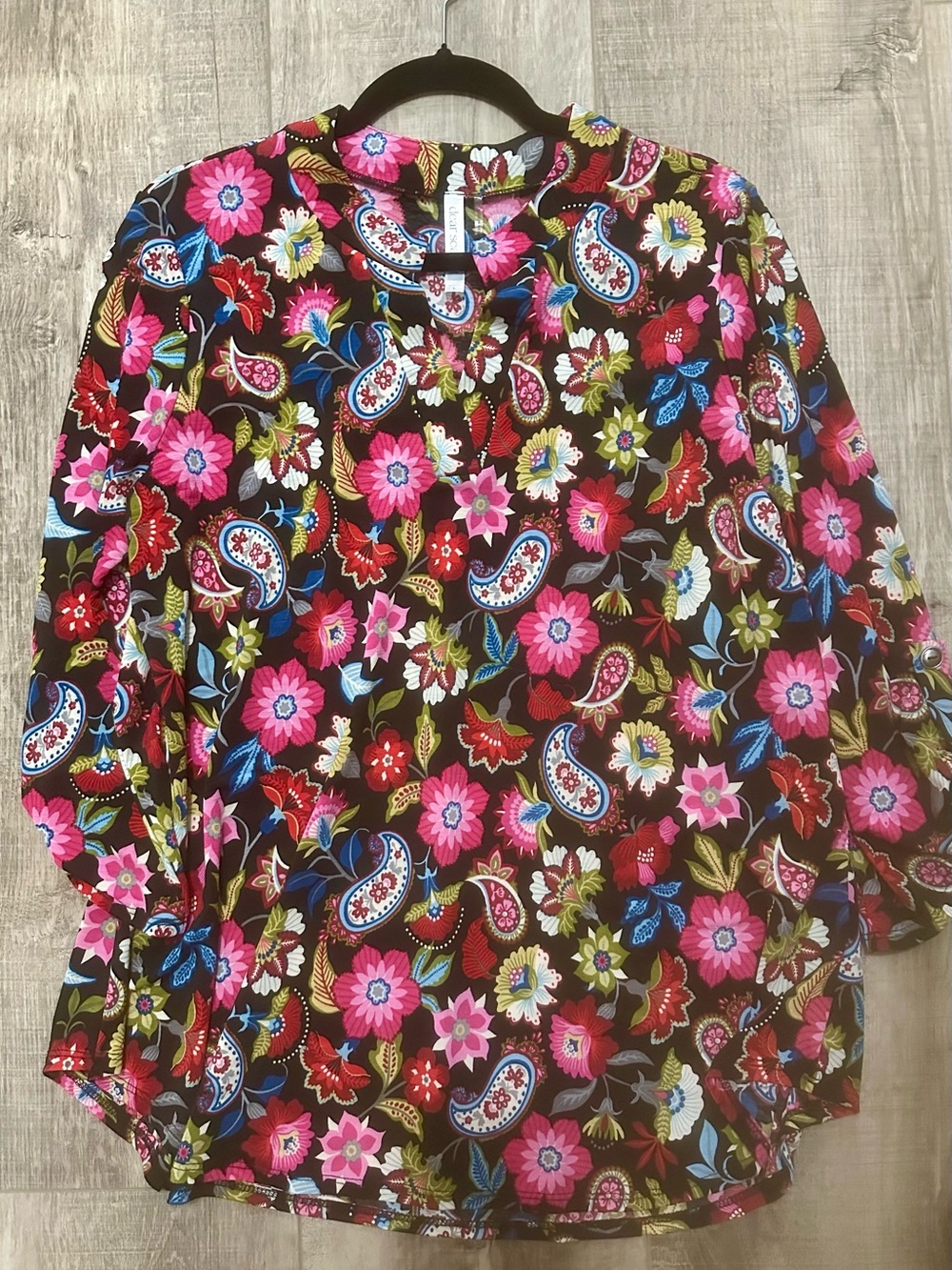 Black Floral Paisley Print Top with Pink and Blue Accents